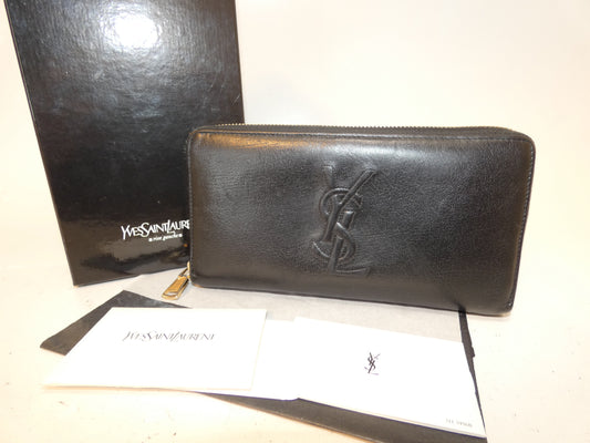 Yves Saint Laurent Front Logo Leather Black Long Wallet with Round Zipper