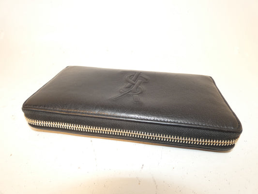 Yves Saint Laurent Front Logo Leather Black Long Wallet with Round Zipper