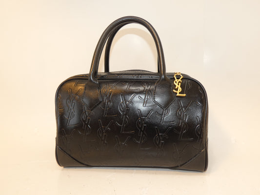 Yves Saint Laurent Embossed Logo Black Leather Hand Boston Bag
