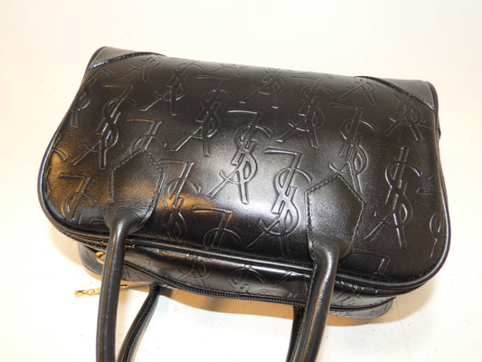 Yves Saint Laurent Embossed Logo Black Leather Hand Boston Bag