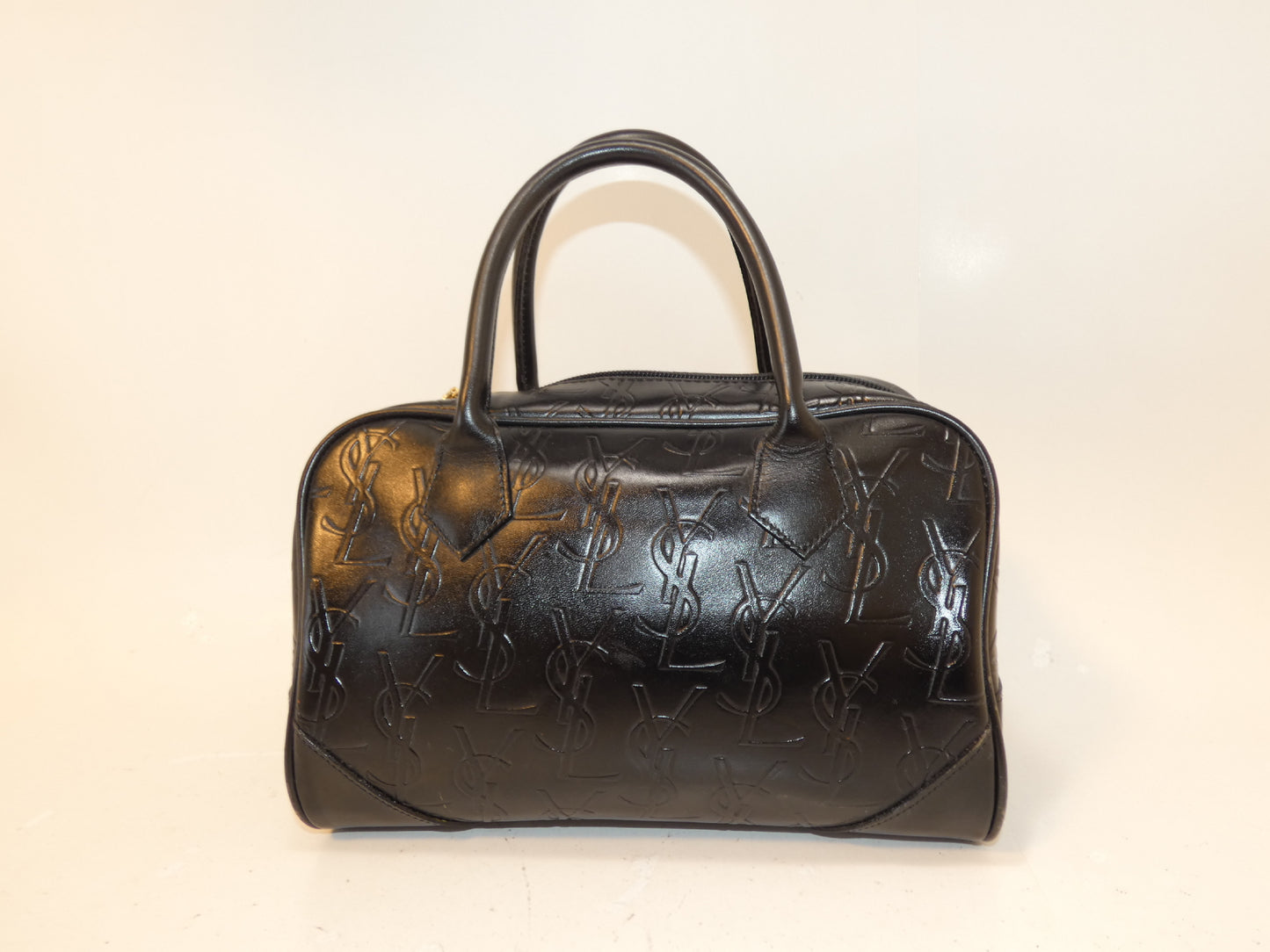 Yves Saint Laurent Embossed Logo Black Leather Hand Boston Bag