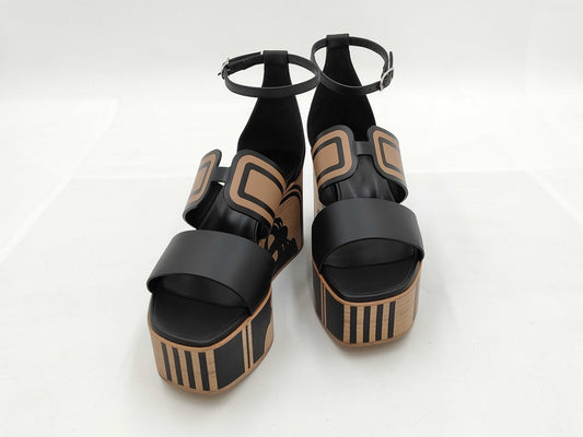 HERMES HERMES Sandals Charis Black x Natural Wedge Sole / Brid de Gala Size 38 Sandals