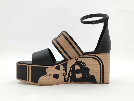 HERMES HERMES Sandals Charis Black x Natural Wedge Sole / Brid de Gala Size 38 Sandals