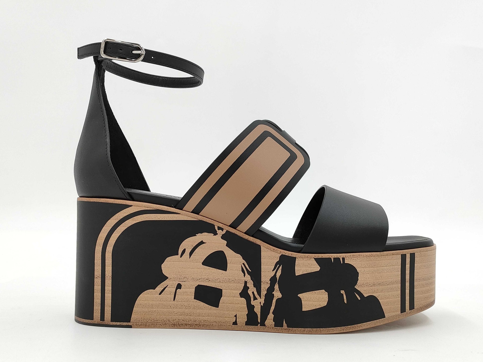 HERMES HERMES Sandals Charis Black x Natural Wedge Sole / Brid de Gala Size 38 Sandals