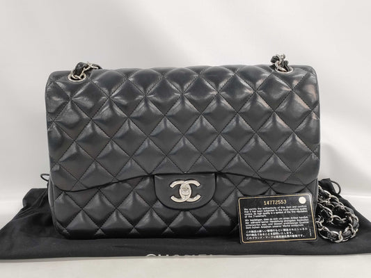 CHANEL Chain Shoulder Bag, Deca Matelasse 30, Double Flap, Black Lambskin, Silver Hardware, A58600, 14th Series