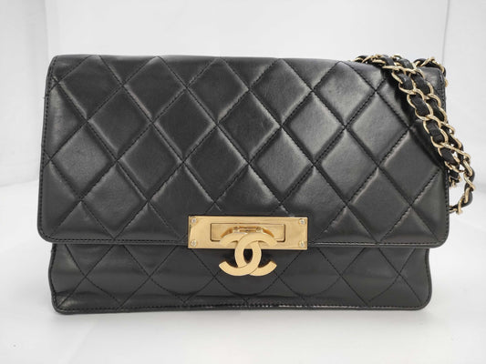 CHANEL Matrasse Lambskin Double Chain Bag Black Gold Fittings 18th Shoulder Bag
