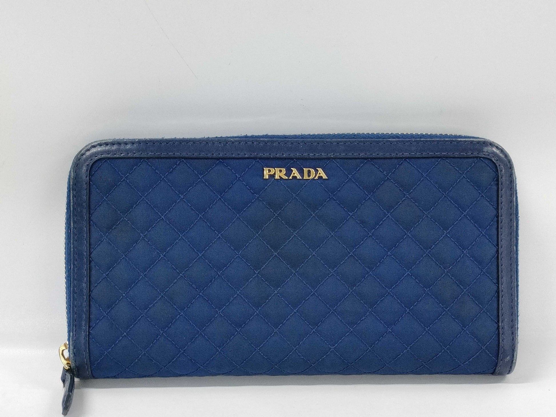 PRADA Quilted Round Zip Wallet in Nylon and Leather, Blue