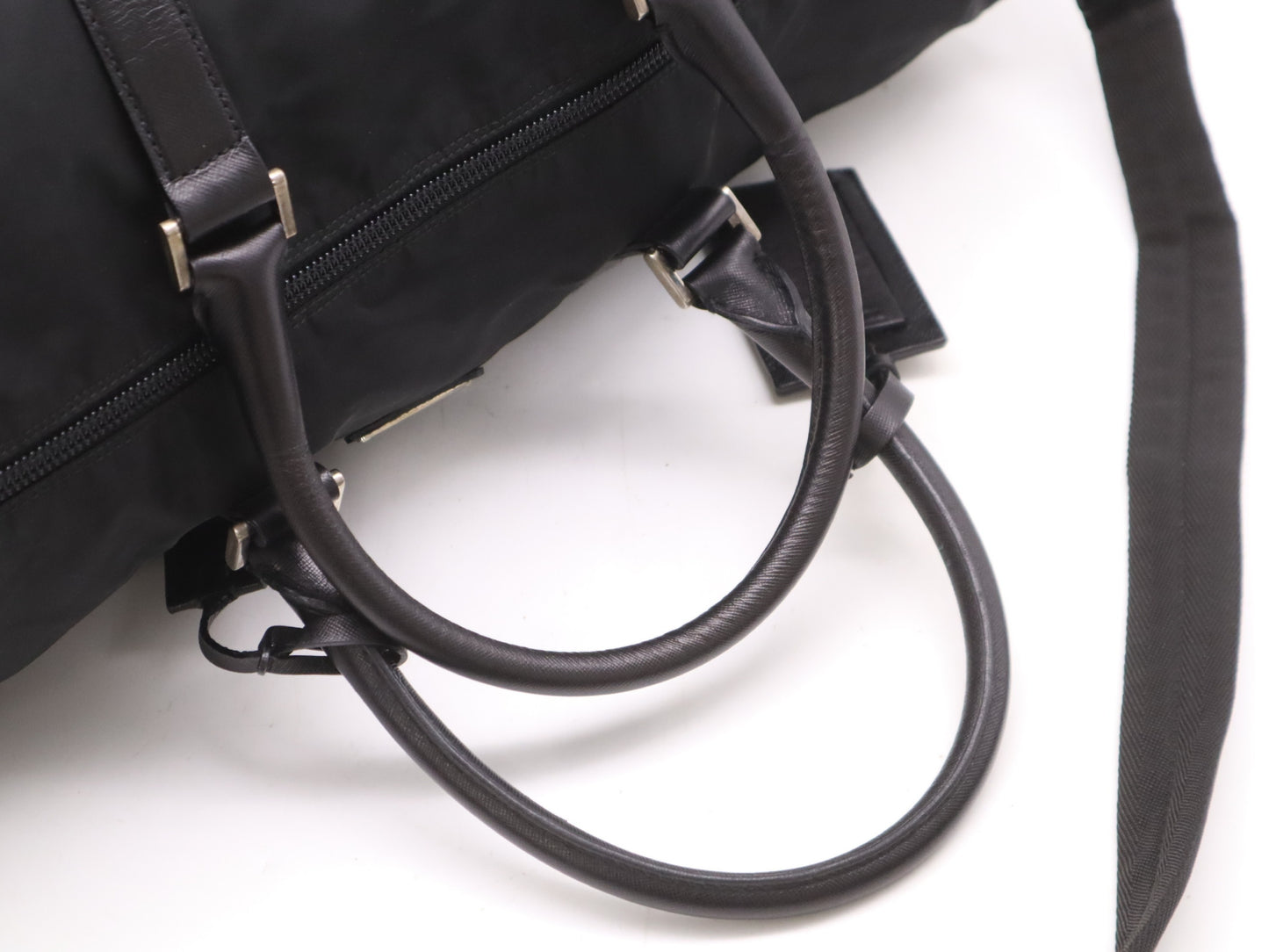 PRADA Nylon Triangle Logo Boston Bag in Black. Includes dust bag, name tag, crochet, padlock, and two keys.