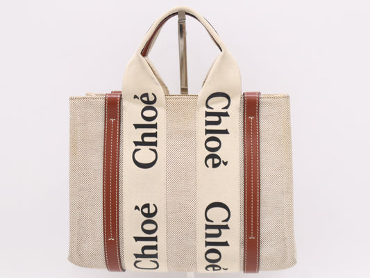 Chloe Leather Woody Small Tote Bag, 2-Way, Beige and Brown, with Shoulder Strap