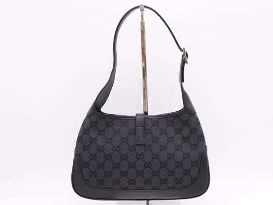 GUCCI 001・3735・001998GG Canvas and Leather Shoulder Bag Black Shoulder Bag