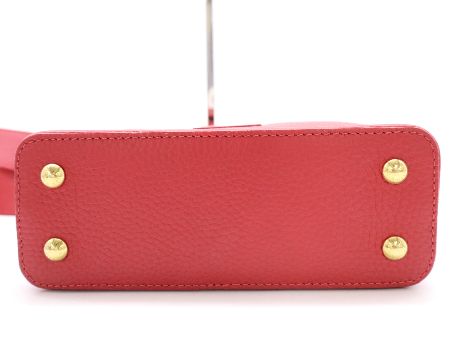 LOUIS VUITTON Taurillon Leather Capucines Mini Scarlet Handbag, RFID Verified, No Serial Tag, Box, Dust Bag, and Shoulder Strap Included