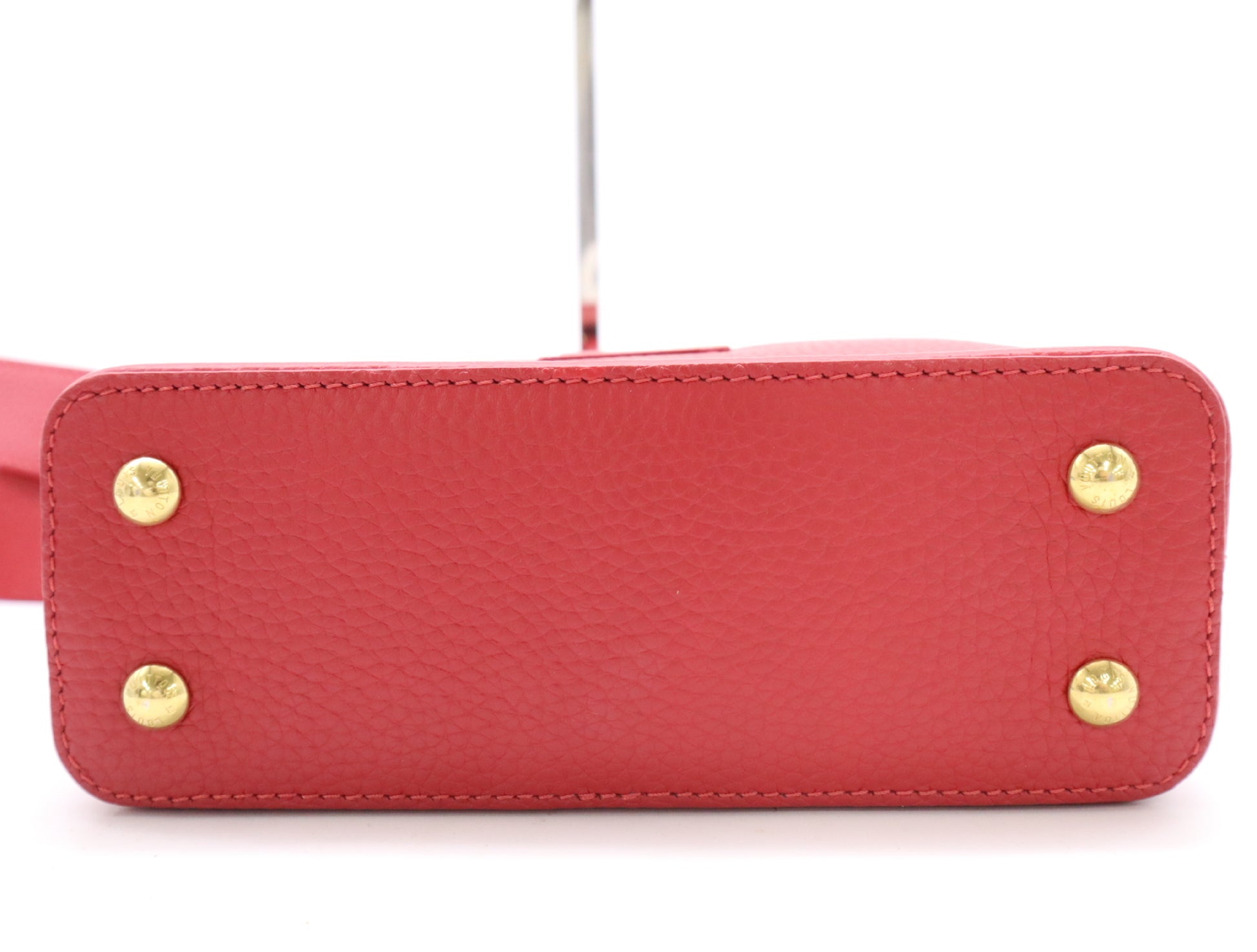LOUIS VUITTON Taurillon Leather Capucines Mini Scarlet Handbag, RFID Verified, No Serial Tag, Box, Dust Bag, and Shoulder Strap Included
