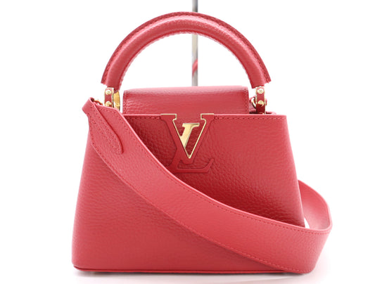 LOUIS VUITTON Taurillon Leather Capucines Mini Scarlet Handbag, RFID Verified, No Serial Tag, Box, Dust Bag, and Shoulder Strap Included
