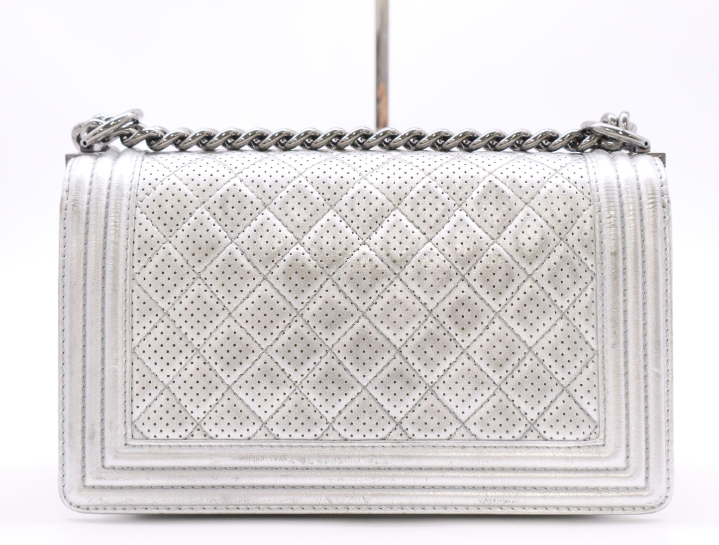 CHANEL Leather Boy Chanel Silver Perforated Seal 19133834 Shoulder Bag