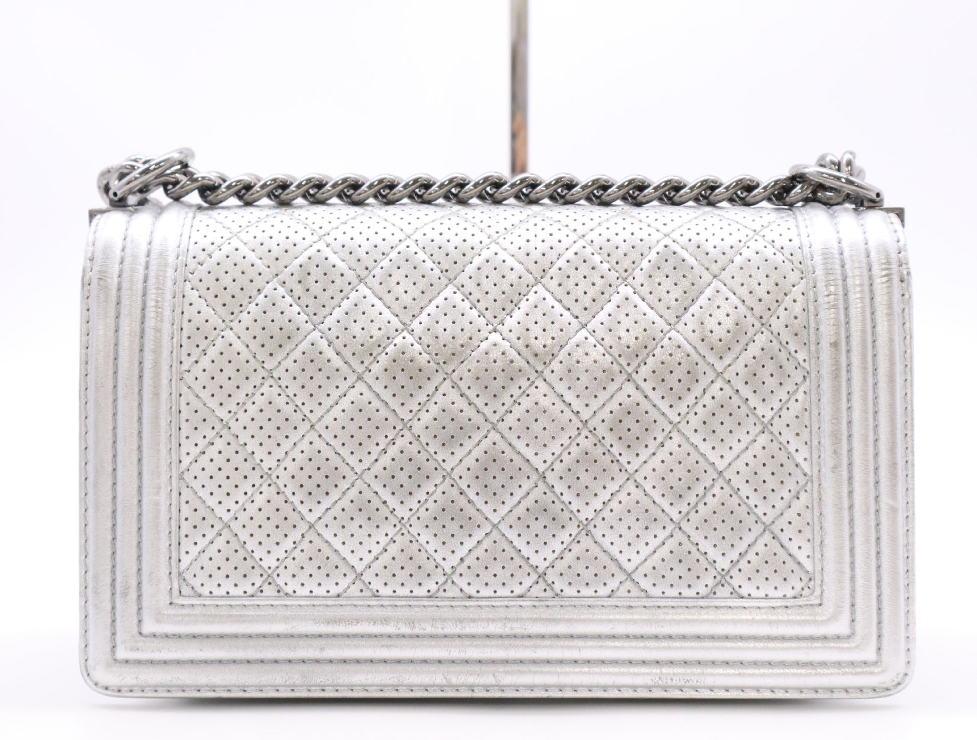CHANEL Leather Boy Chanel Silver Perforated Seal 19133834 Shoulder Bag