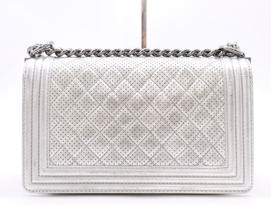 CHANEL Leather Boy Chanel Silver Perforated Seal 19133834 Shoulder Bag