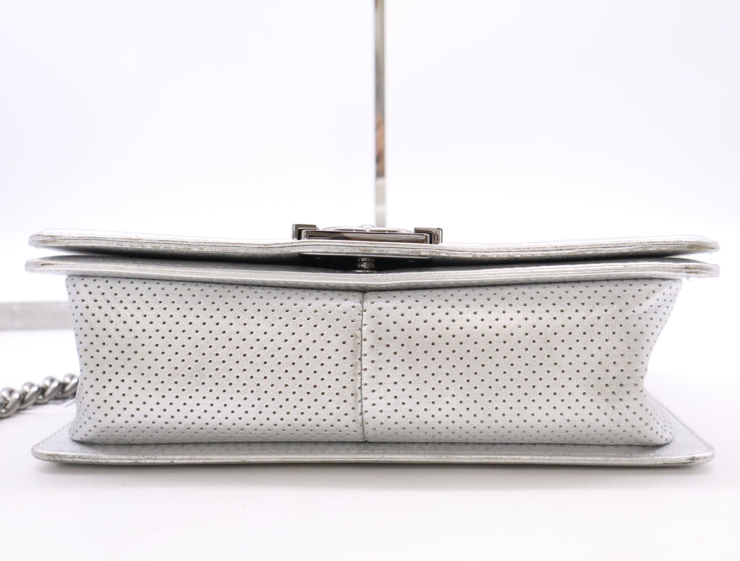 CHANEL Leather Boy Chanel Silver Perforated Seal 19133834 Shoulder Bag