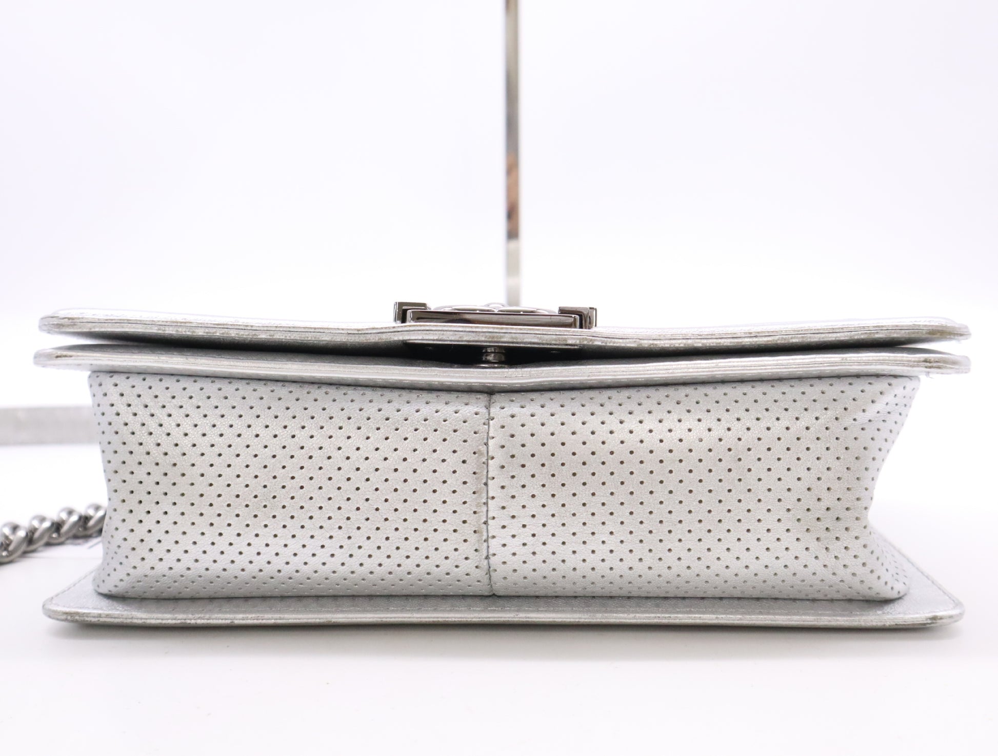 CHANEL Leather Boy Chanel Silver Perforated Seal 19133834 Shoulder Bag
