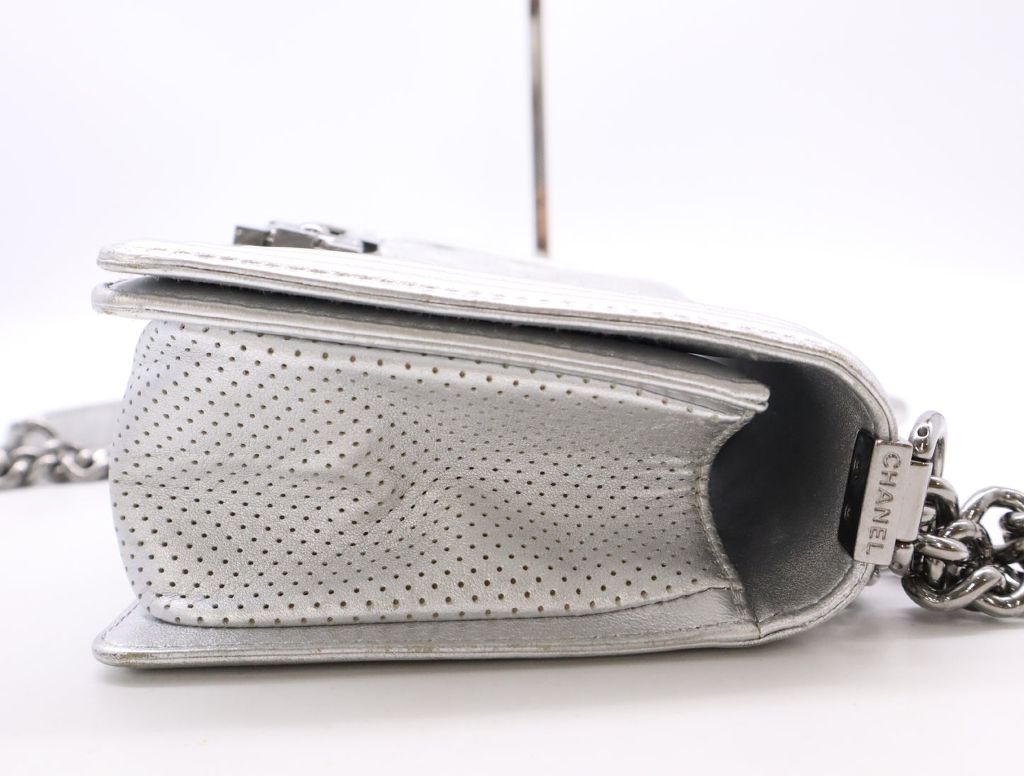 CHANEL Leather Boy Chanel Silver Perforated Seal 19133834 Shoulder Bag