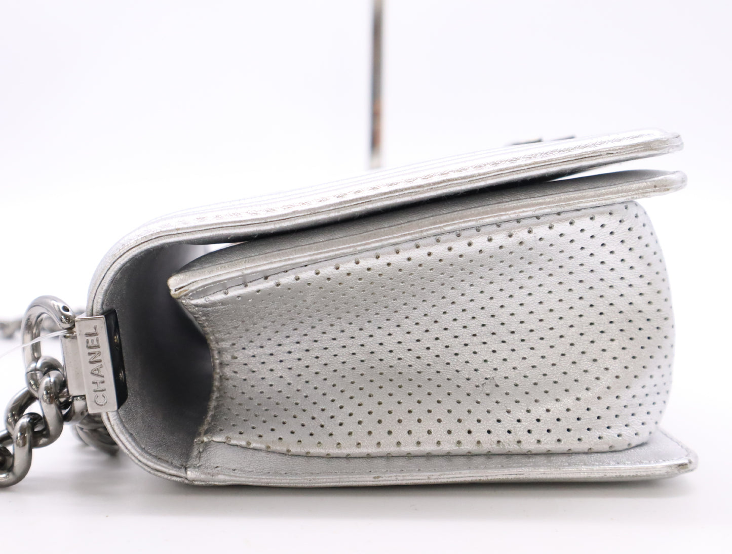 CHANEL Leather Boy Chanel Silver Perforated Seal 19133834 Shoulder Bag
