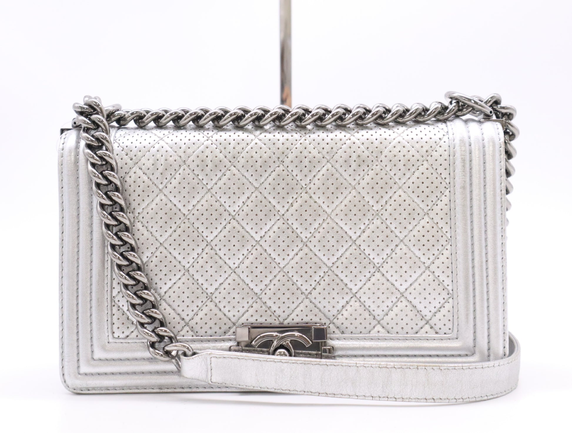 CHANEL Leather Boy Chanel Silver Perforated Seal 19133834 Shoulder Bag