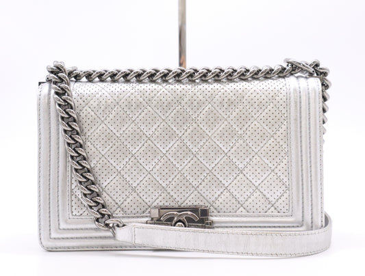 CHANEL Leather Boy Chanel Silver Perforated Seal 19133834 Shoulder Bag