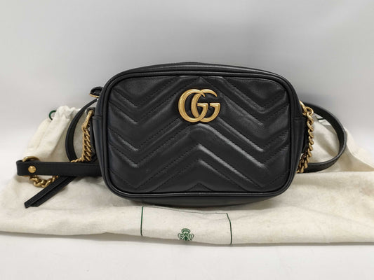 GUCCI 448065 GG Marmont Chain Shoulder Bag in Quilted Leather, Black, with Dust Bag