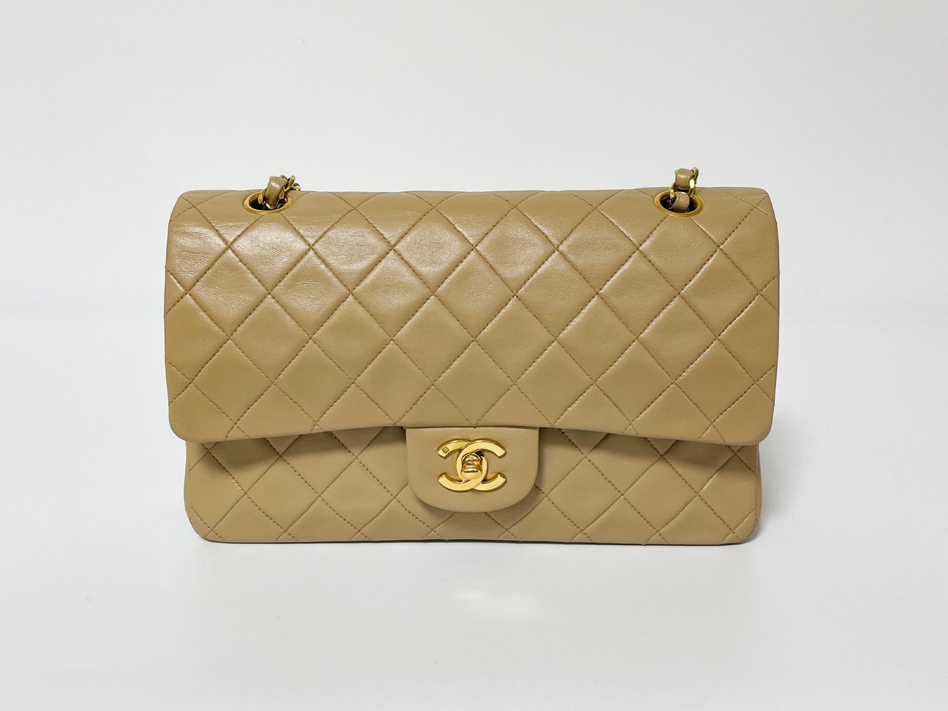 CHANEL W Flap Matlasse Beige Lambskin with Seal Shoulder Bag