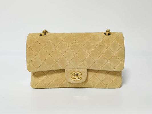 CHANEL W Flap Suede Beige Matlasse Seal Shoulder Bag