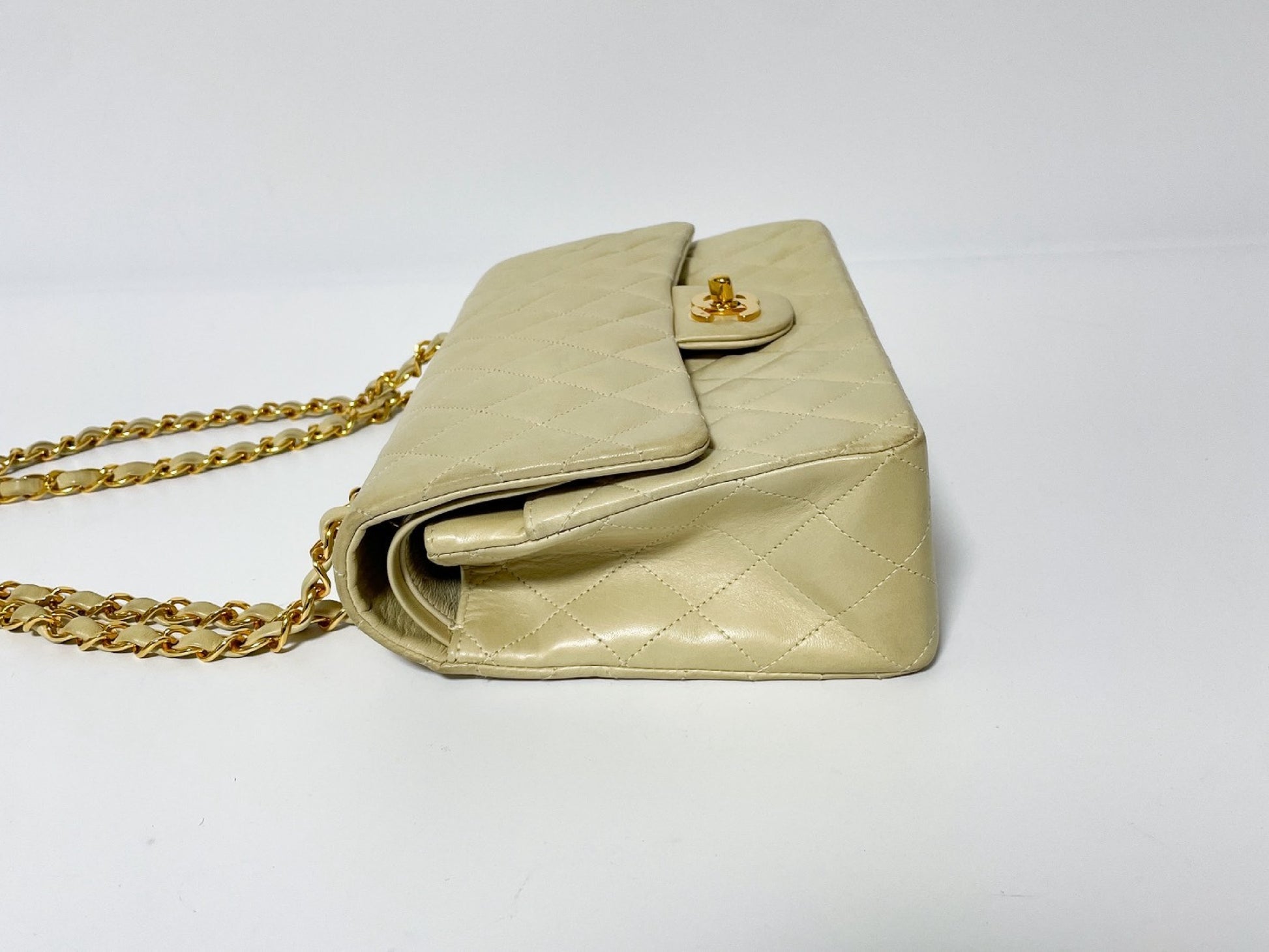 CHANEL W Flap Matlasse Beige Lambskin with Seal Shoulder Bag