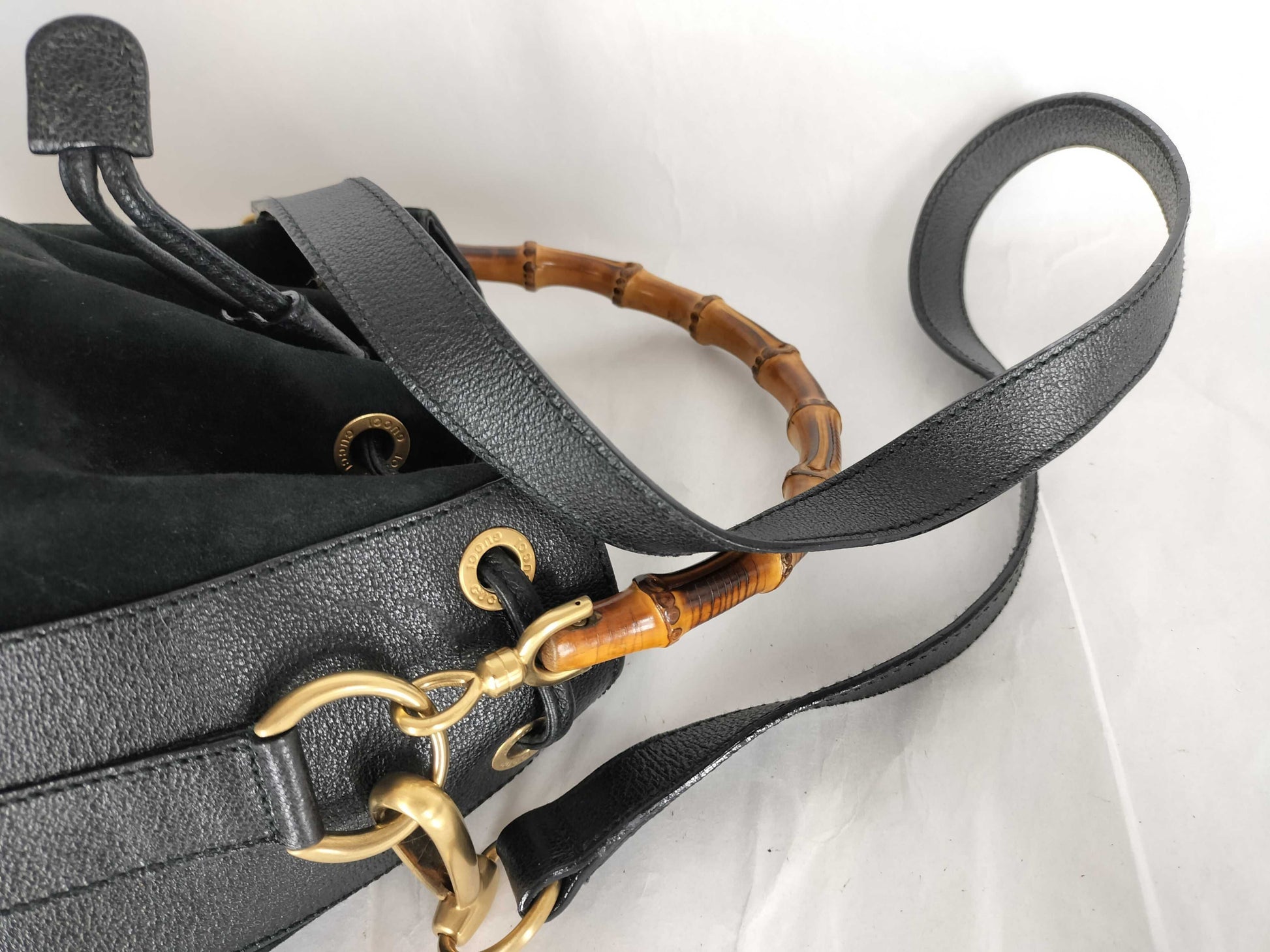 GUCCI Bamboo Suede Shoulder Bag in Black