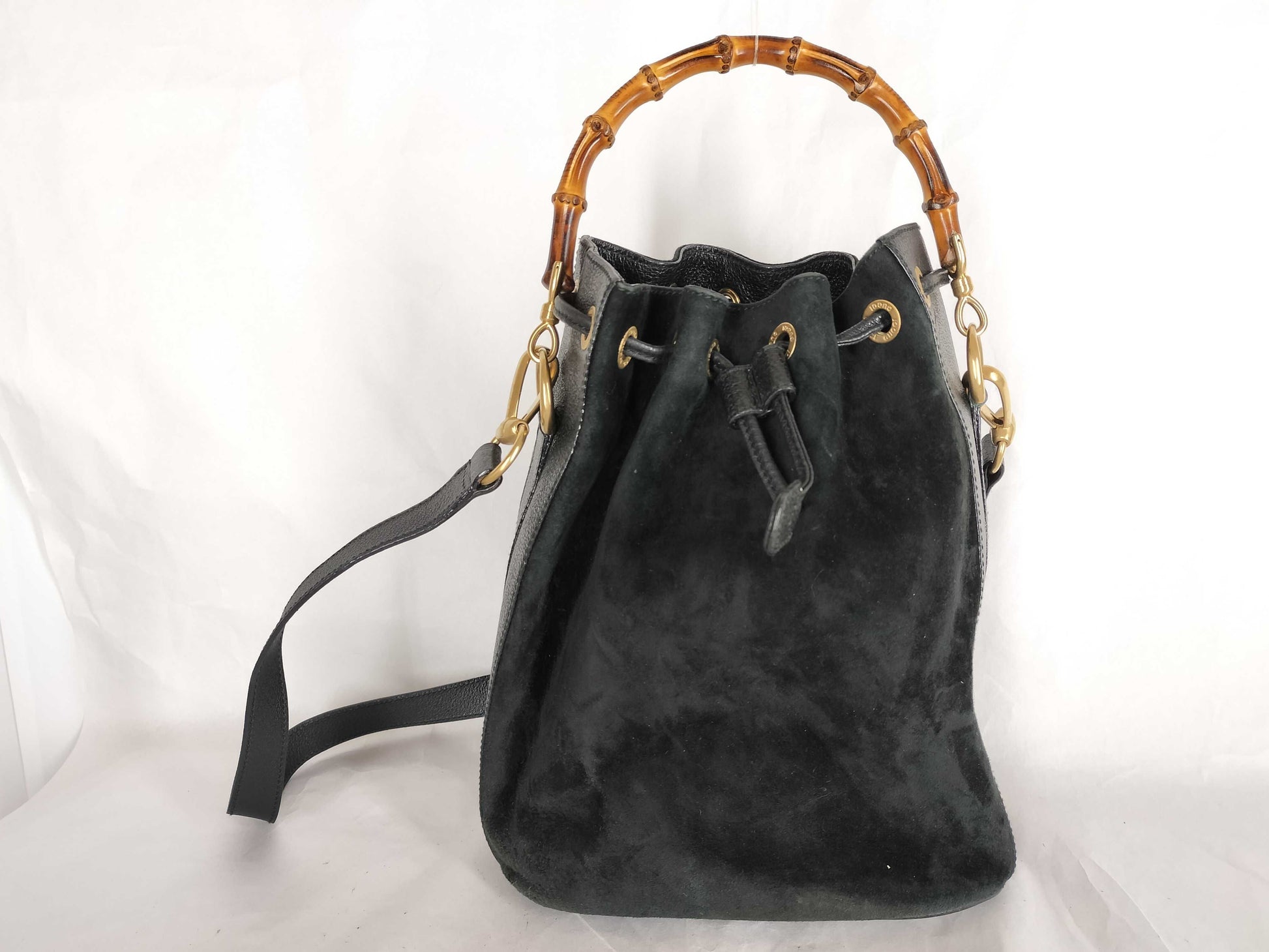 GUCCI Bamboo Suede Shoulder Bag in Black