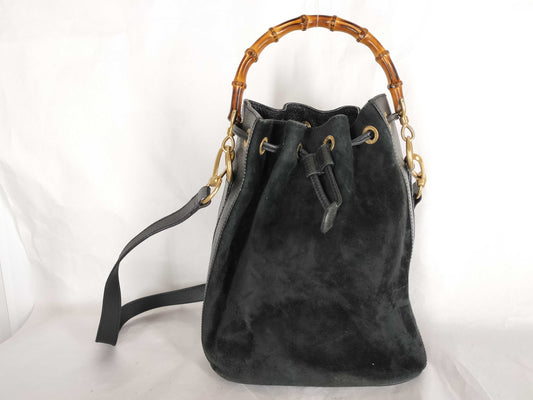 GUCCI Bamboo Suede Shoulder Bag in Black