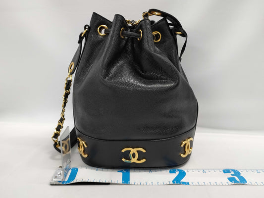 CHANEL Caviar Skin Triple Coco Drawstring Chain Shoulder Bag, Black, G Hardware, No. 2