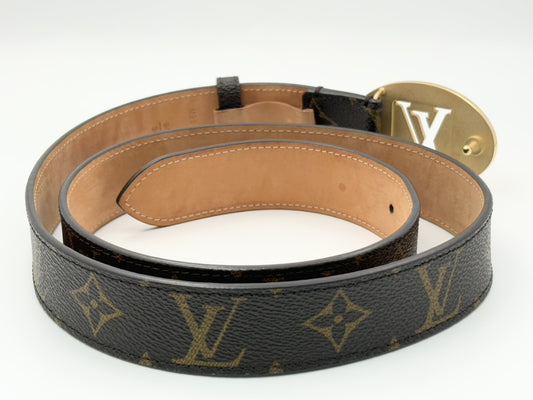 LOUIS VUITTON M9842 Santur Oval Monogram Belt, PVC and Leather, 90/36, Brown, CT2150