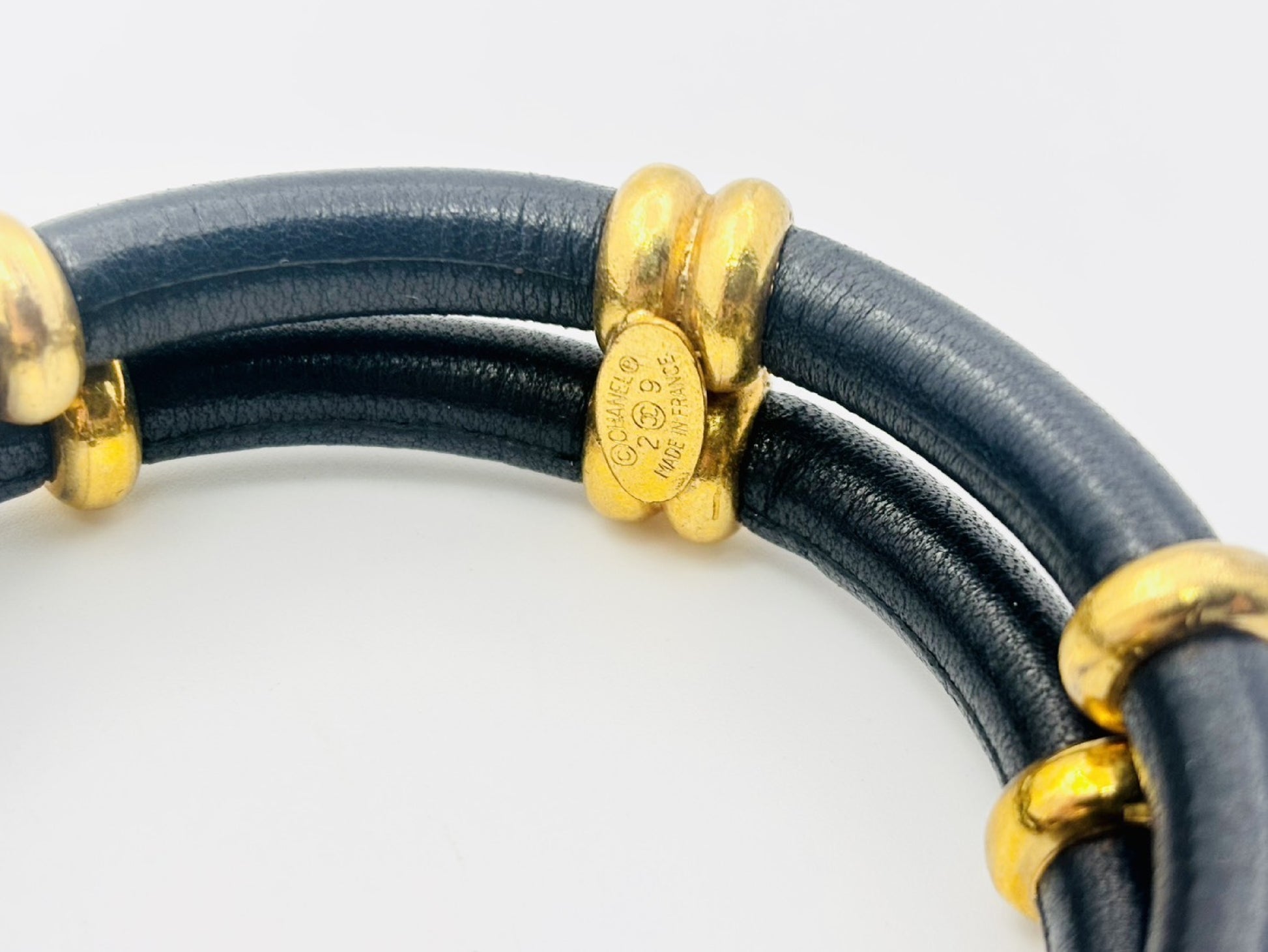 CHANEL Double Double Leather Bangle with Rice 29 Black x Gold Bracelet Bangle