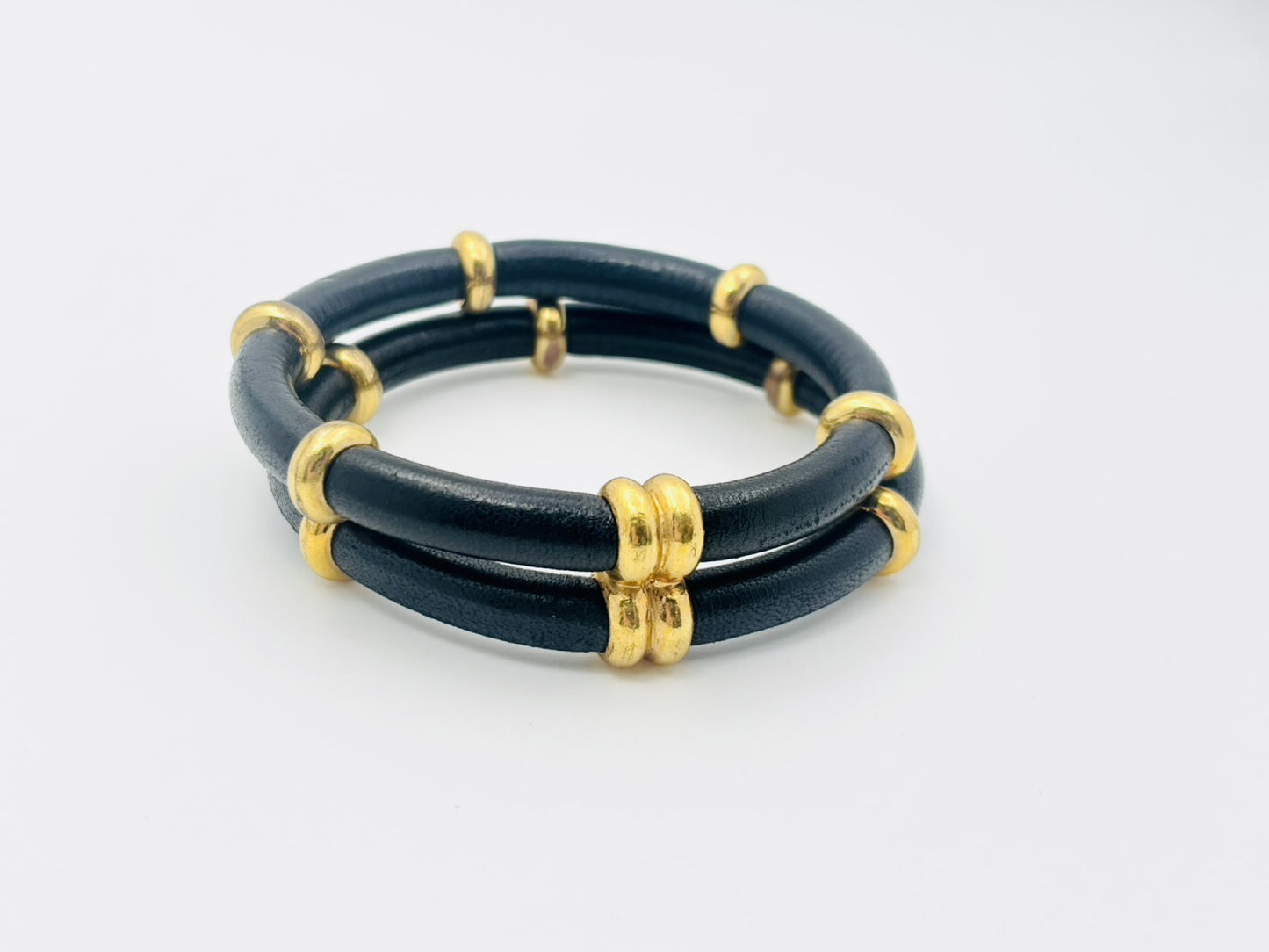 CHANEL Double Double Leather Bangle with Rice 29 Black x Gold Bracelet Bangle