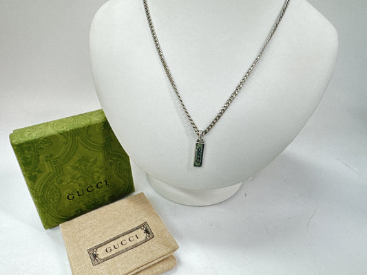 GUCCI Gucci 678714 Logo Plate Bar Enamel Green Mosaic 925 18.8g Silver Necklace