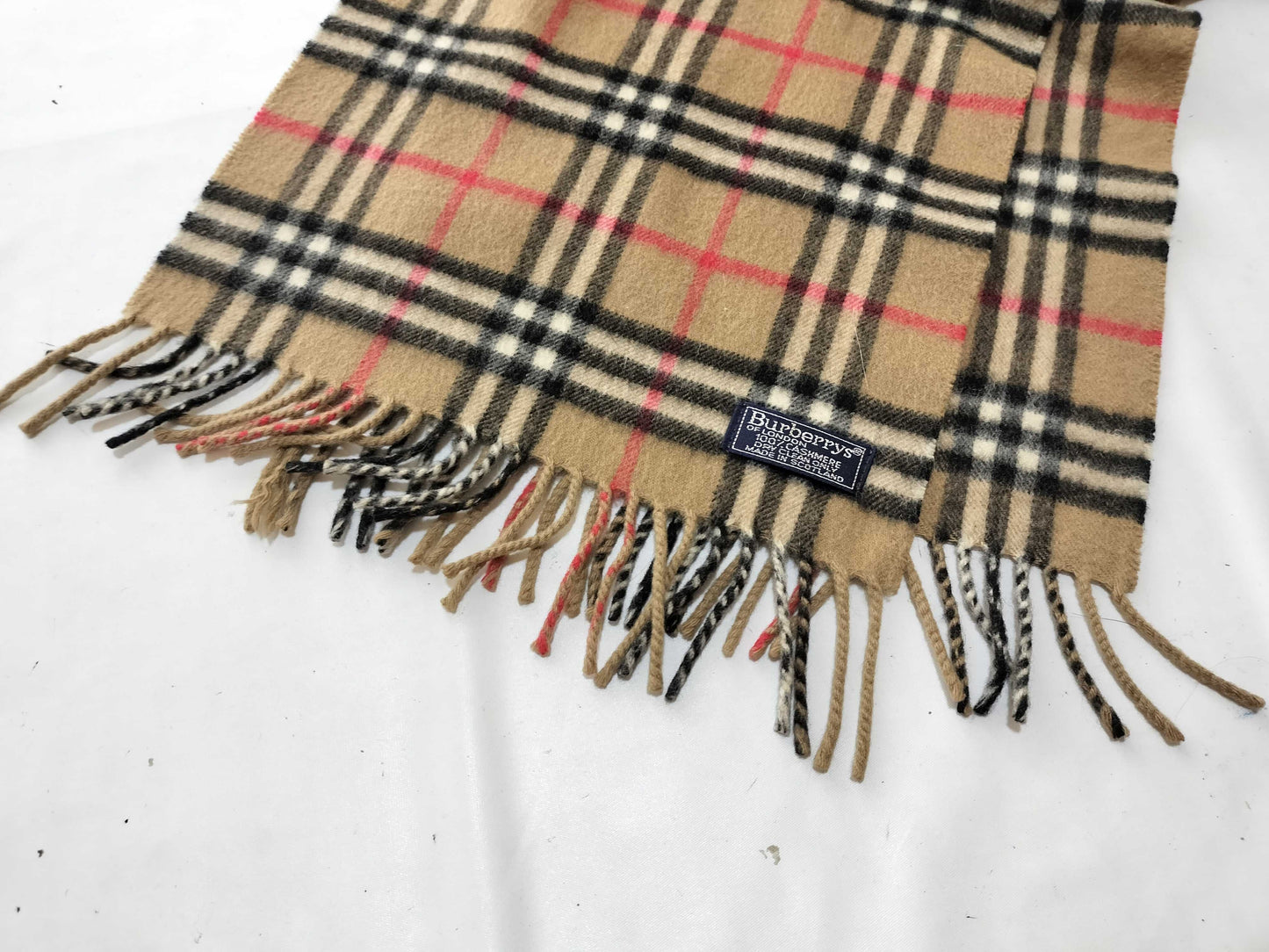 Burberrys Fringe Scarf, Nova Check, Made in England, 100% Cashmere, Beige