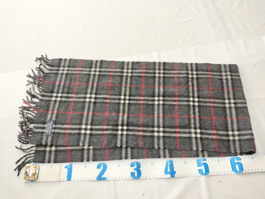 Burberrys Fringe Scarf, Nova Check, Made in England, 100% Cashmere, Dark Gray Scarf