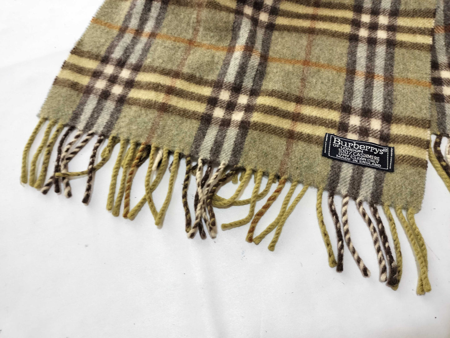 Burberrys Fringe Scarf, Nova Check, Made in England, 100% Cashmere, Green Scarf