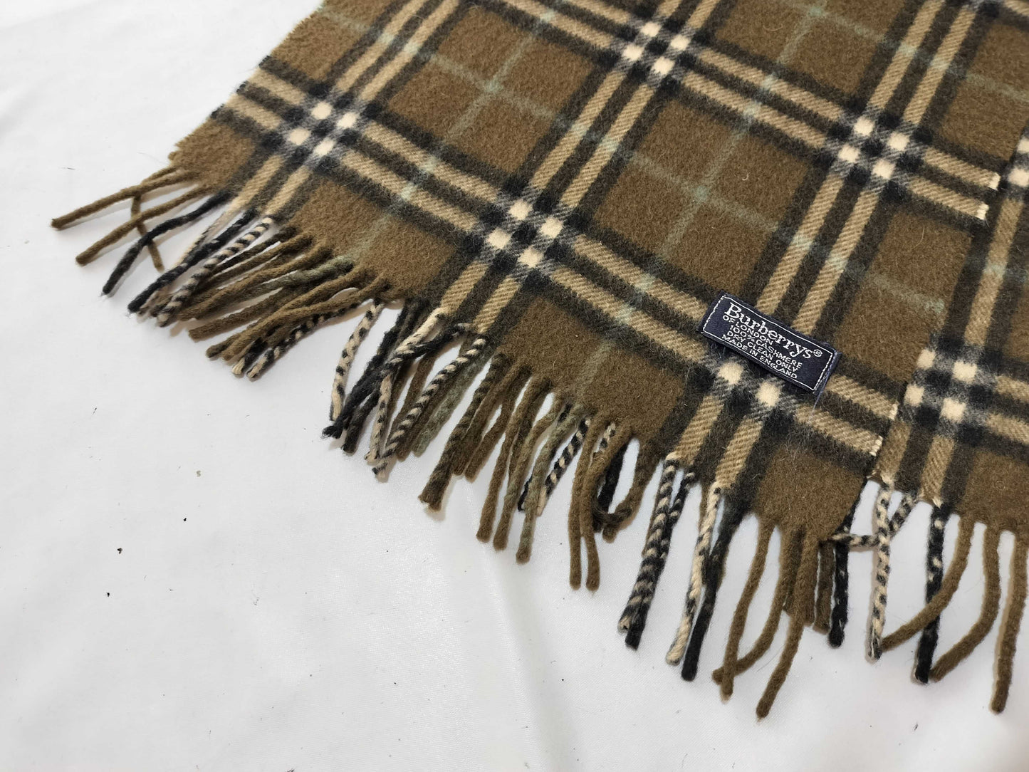 Burberrys Fringe Scarf, Nova Check, Made in England, 100% Cashmere, Olive