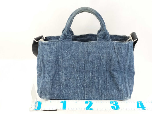 PRADA Prada Canapa Denim Rhinestone Beaded Blue 2-Way Handbag/Shoulder Bag