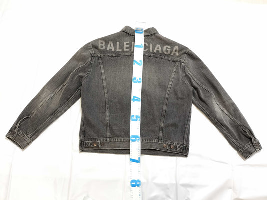 BALENCIAGA Men's Gray Denim Jacket with Back Logo, Size 44