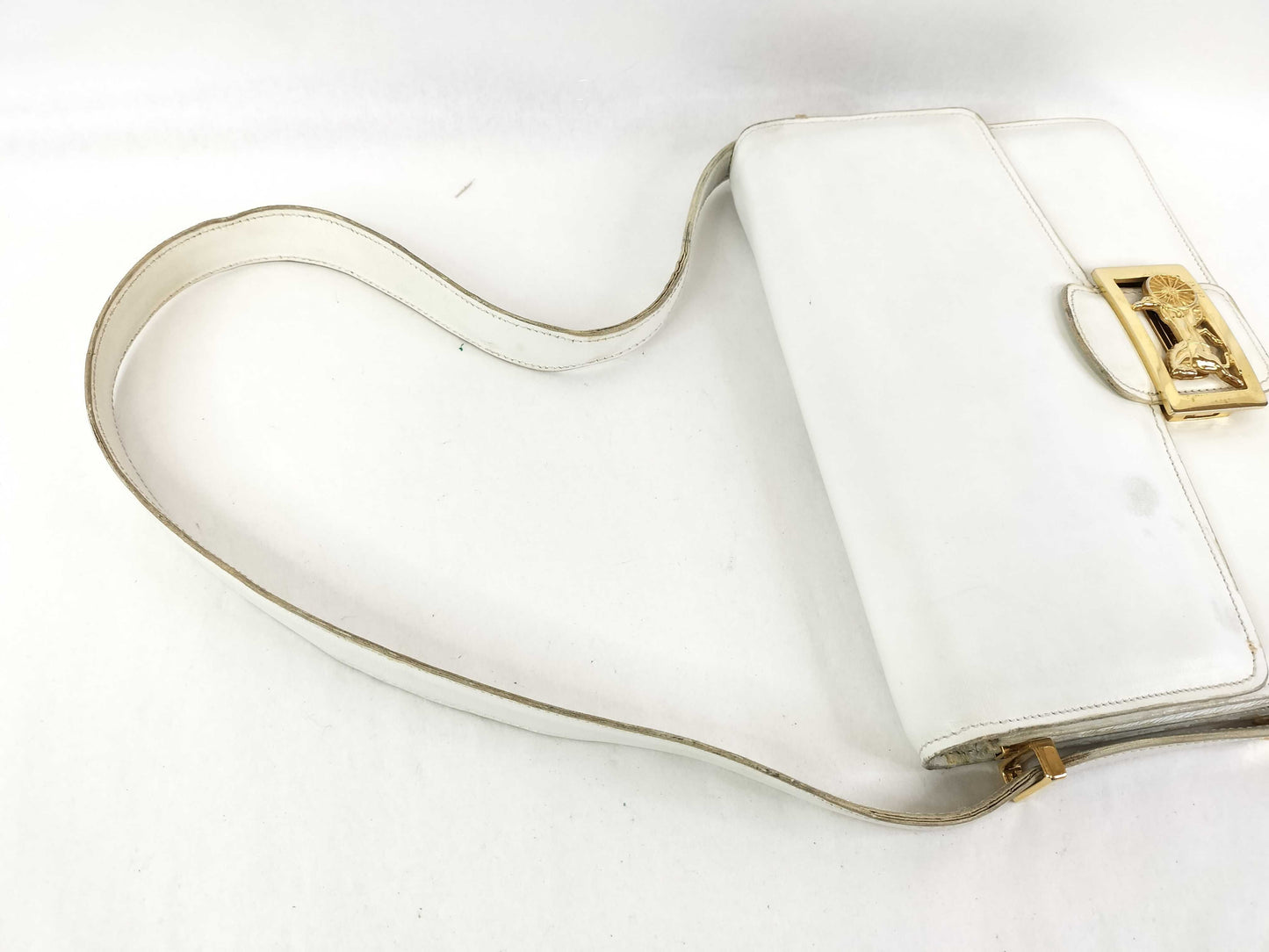 CELINE Shoulder Bag with Carriage Hardware, White Leather Shoulder Bag