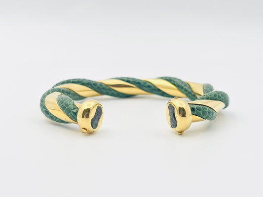 HERMES Twist Exotic Leather Lizard Bangle Gold and Green Bracelet/Bangle