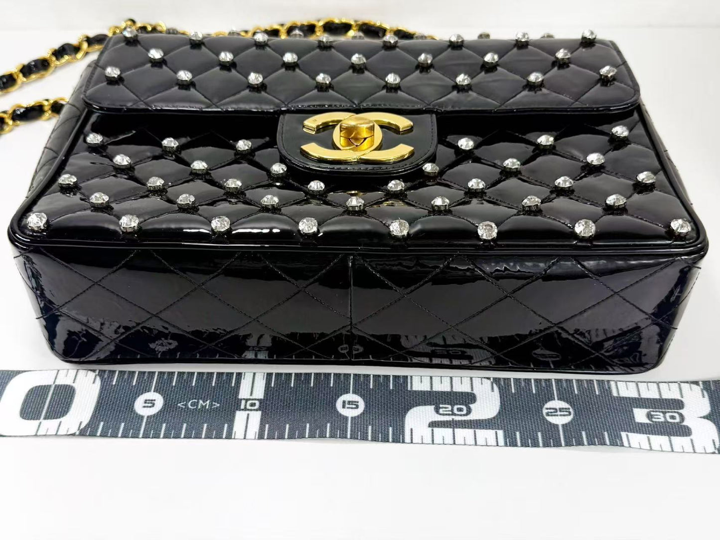 CHANEL Matelasse Black Swarovski Patent Full Shoulder Bag, Size 30cm , Gold Hardware, 3380231, Excellent Condition, Includes Box, Bag, G Card, and Sticker.
