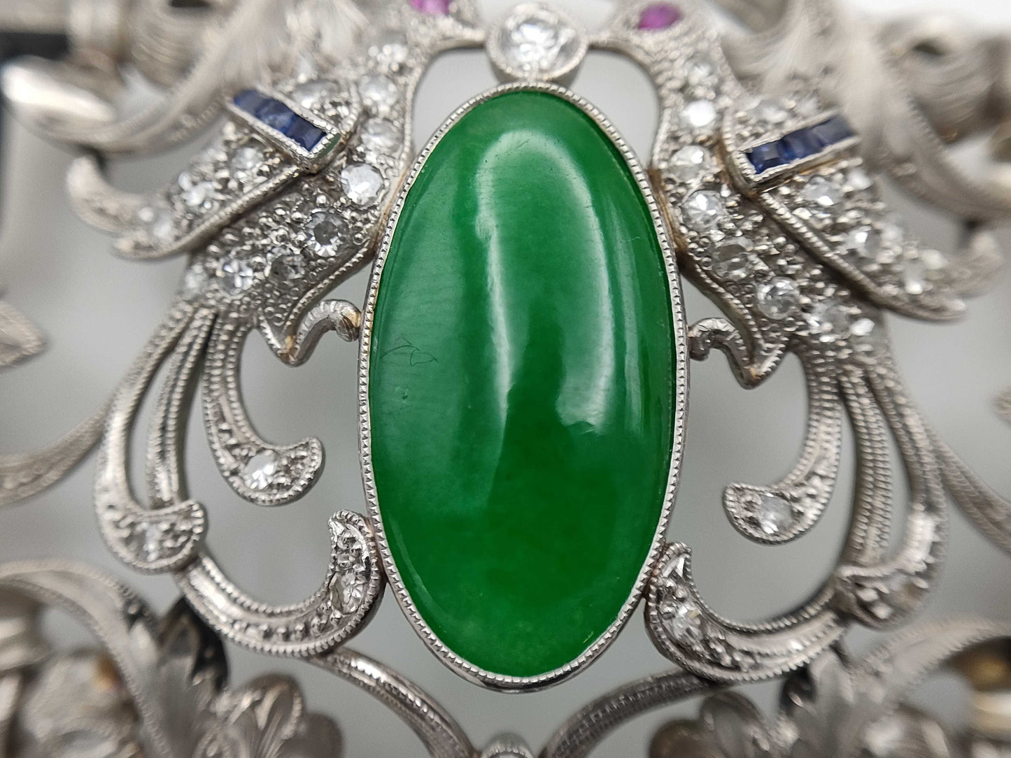 Jadeite, Ruby, Sapphire, and Diamond PT850 Obi Clasp, 23.0g