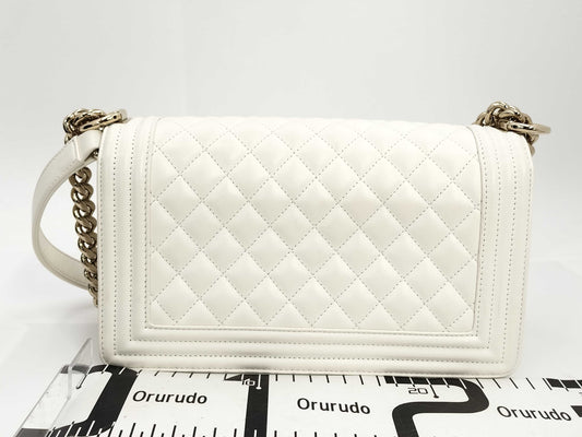 CHANEL Boy Chanel Caviar White Microchip Shoulder Bag
