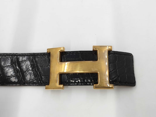 HERMES Constance H Belt, Black Crocodile, 〇L Stamped